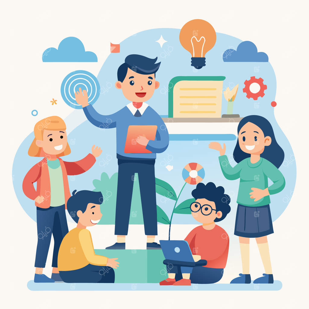 گروهی از دانشجویان خوشحال در کلاس، در حال گوش دادن به ارائه یک دانشجو با تبلت دیجیتال