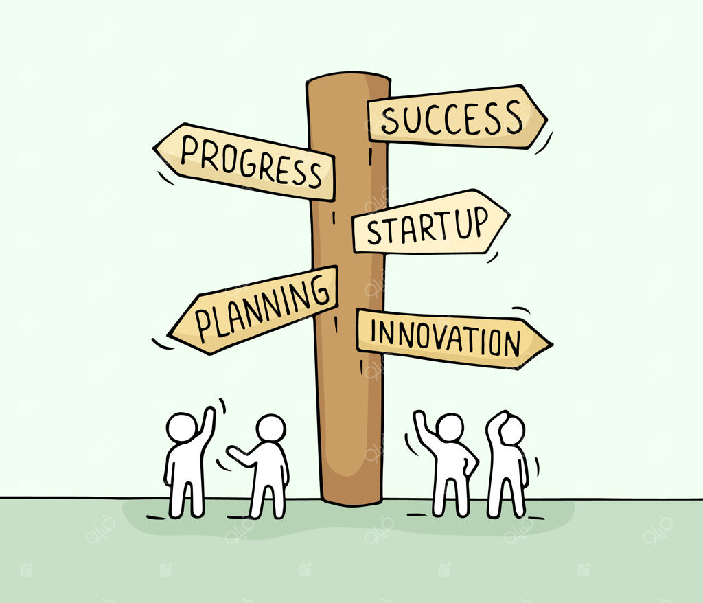 طرحی از آدمک‌های کوچک در حال کار با تابلوی راهنمایی. طراحی ساده و جذاب از تابلو راهنمایی.