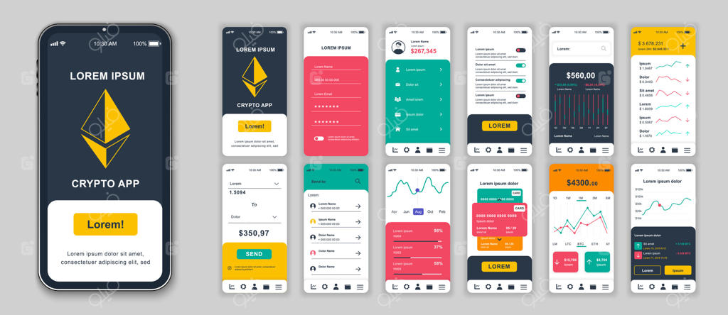 مجموعه صفحات اپلیکیشن موبایل ارز دیجیتال برای قالب‌های وب؛ شامل موکاپ‌های ورود، حساب مالی، کنترل موجودی، صرافی و سرمایه‌گذاری. کیت رابط کاربری (UI/UX) وکتور برای طراحی لایه‌اوت.