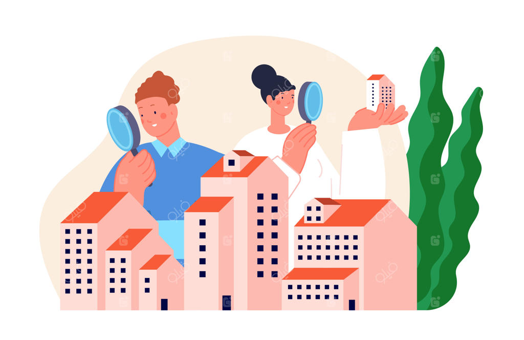 جستجوی املاک: گروهی از افراد به دنبال خرید یا اجاره خانه آنلاین و پروژه‌های ساختمانی