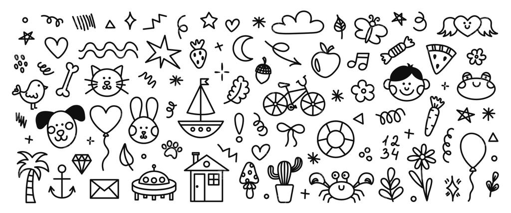 مجموعه‌ای جذاب از طراحی‌های دست‌ساز کودکانه: عناصر تزئینی ساده. مجموعه سیاه از خط‌خطی‌ها، حیوانات، گل، خورشید و ابر. تصویرسازی وکتور