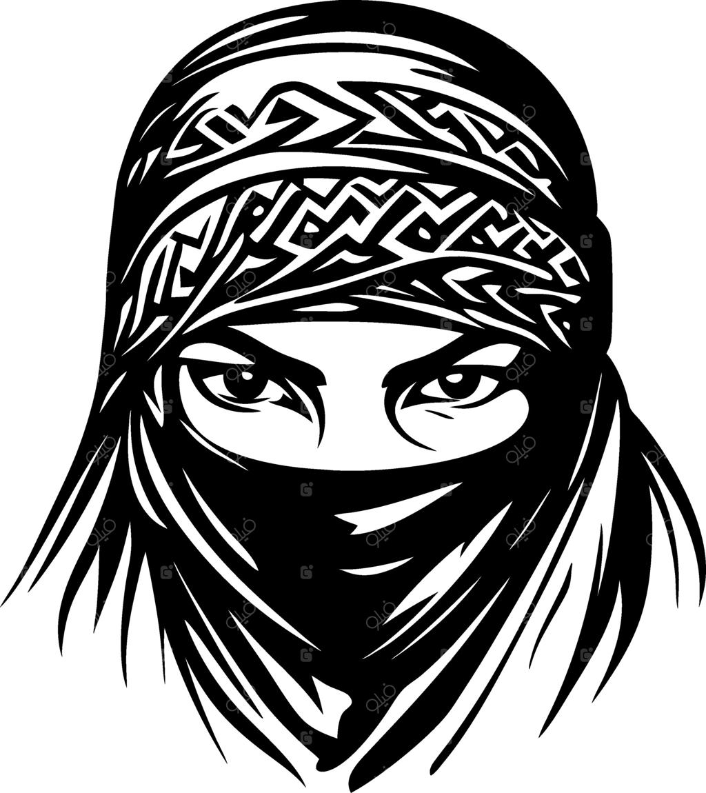 تصویرسازی زن جنگجوی مرموز با طرح روسری پرکار و ظریف