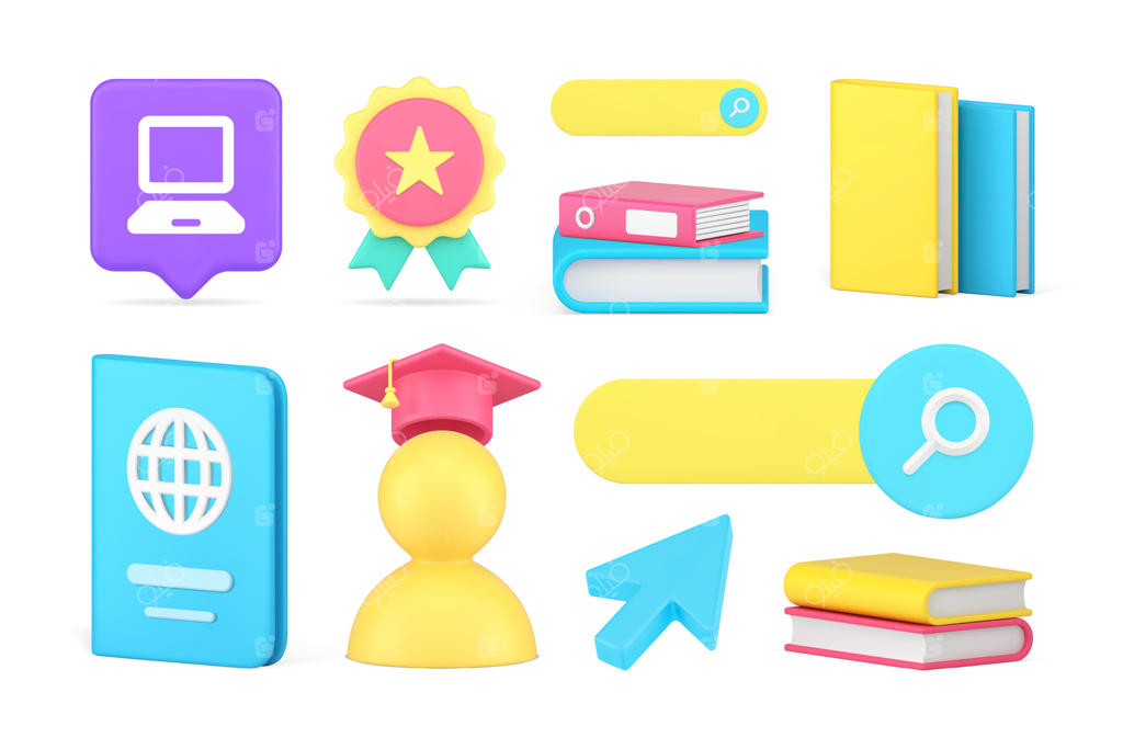 آموزش آنلاین و کتابخوانی | مجموعه آیکون‌های سه‌بعدی برای فارغ‌التحصیلی و دوره‌های آموزش از راه دور