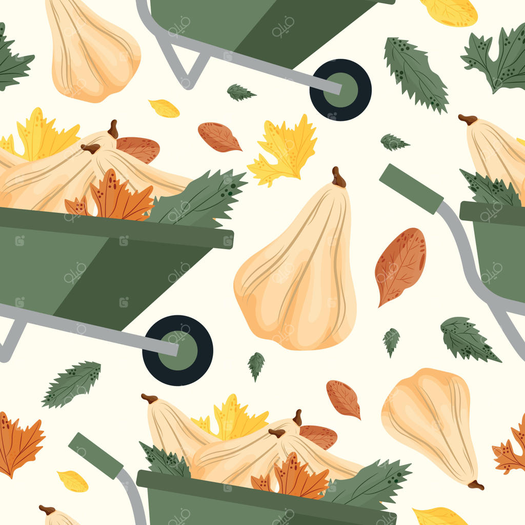 پترن بی‌پاییز با کدوهای دراز در فرغون باغ و برگ‌های پاییزی متنوع بر روی زمینه‌ای روشن