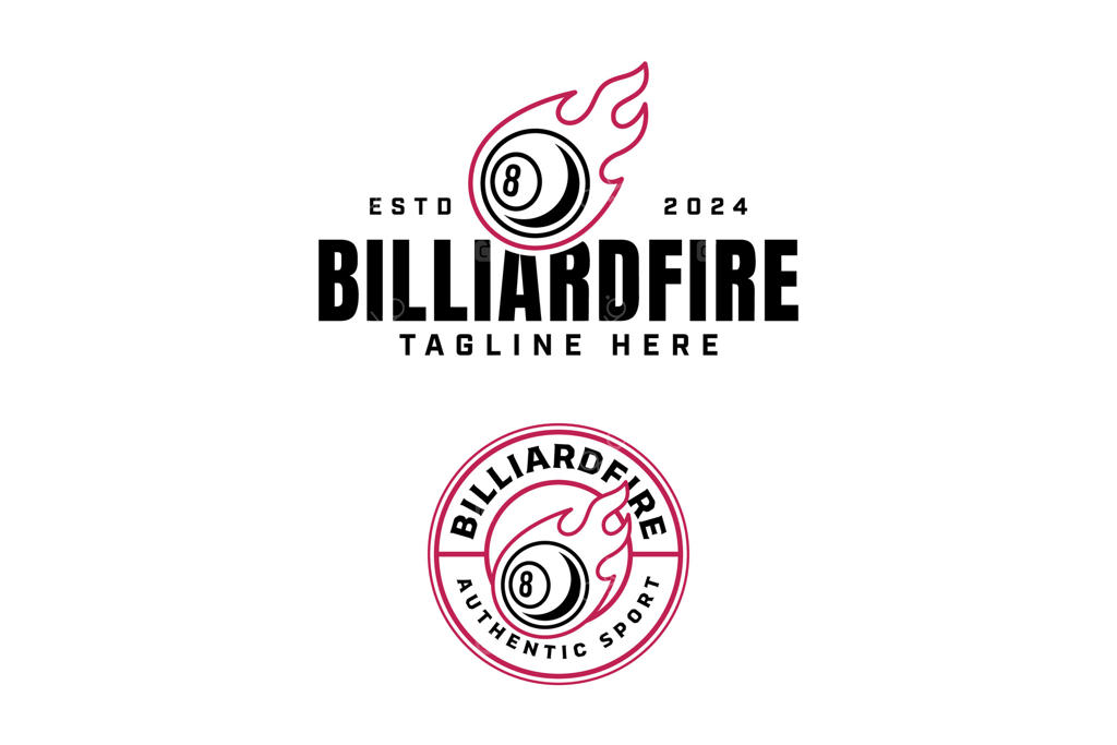 طراحی لوگو توپ بیلیارد شماره هشت با طرح شهاب آتشین: مجموعه‌ای از لوگوهای هنر خطی از توپ‌های بیلیارد با شهاب‌های آتشین برای باشگاه و مسابقات بیلیارد.