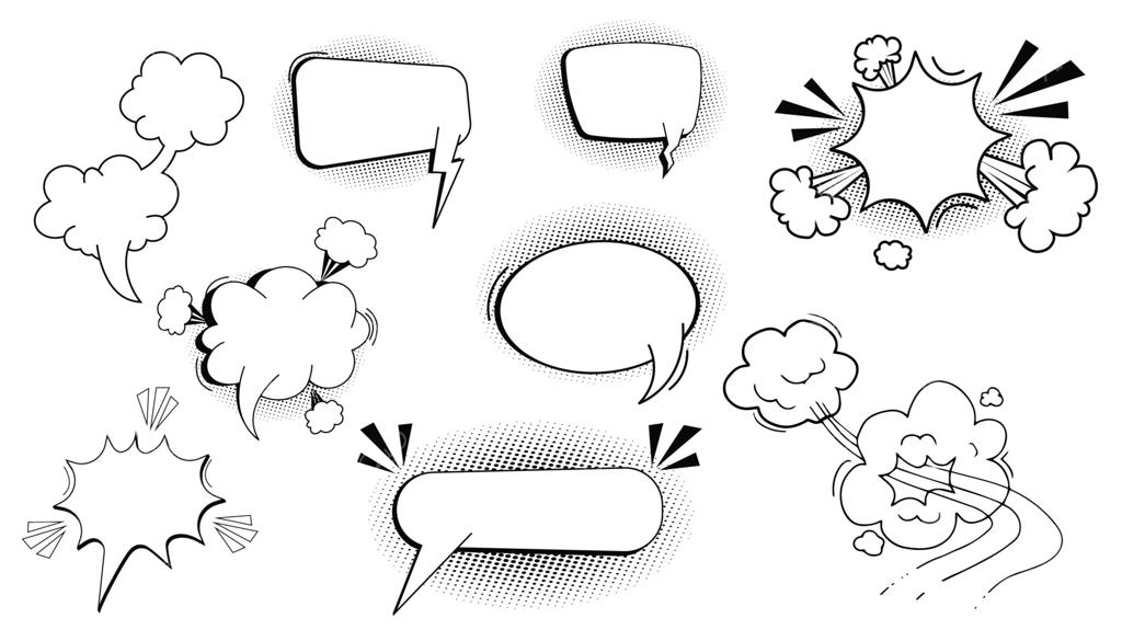 ابرک گفتگوی کمیک با سایه نقطه‌ای، قاب خالی برای متن، افکت صدای بوم یا پاف در سبک پاپ آرت. مجموعه‌ای از حباب‌های گفتگو.