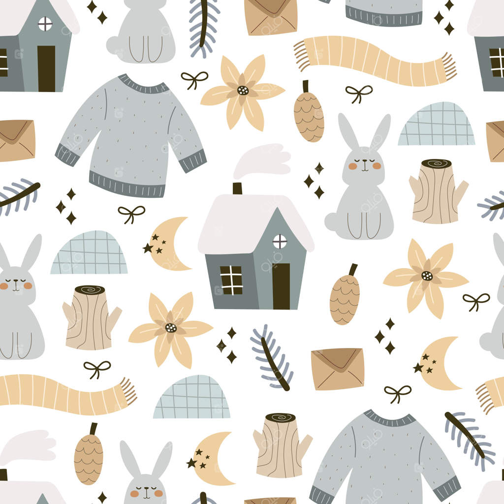 پترن کارتونی با خانه، ژاکت، خرگوش، گل و عناصر تزئینی