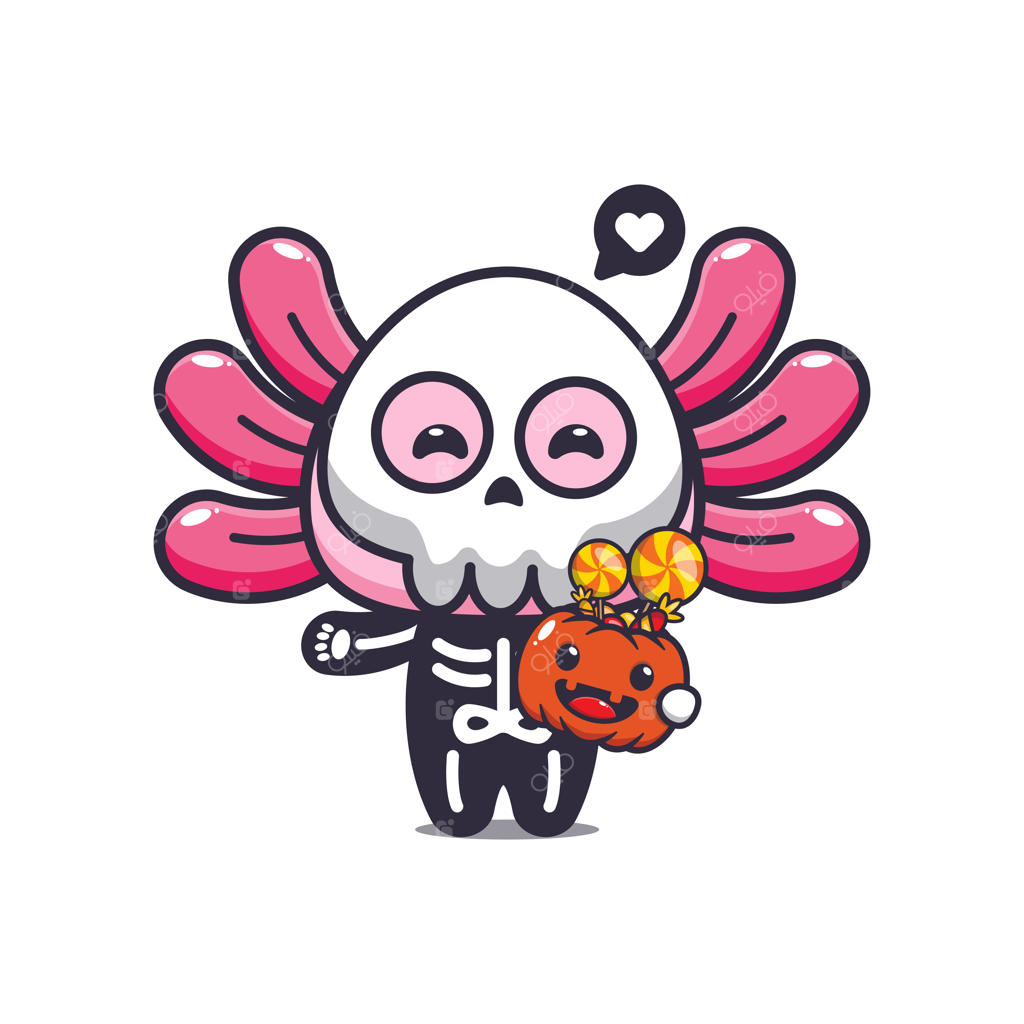 اکسالوتل بامزه با لباس اسکلت و کدو تنبل هالووین. تصویر بامزه هالووین.