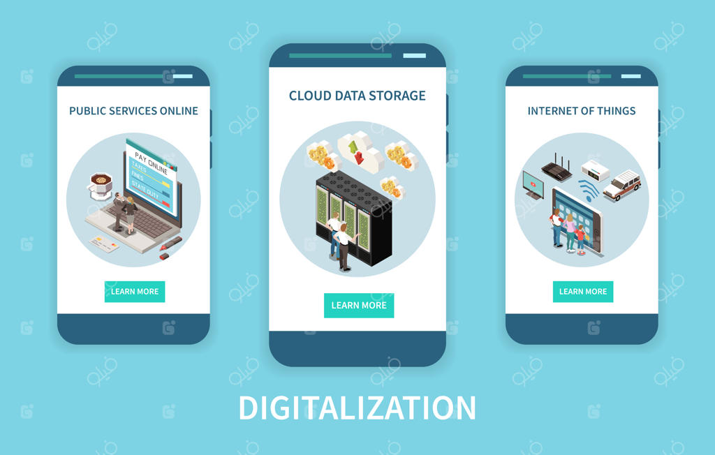 صفحه‌های اپلیکیشن دیجیتال‌سازی با خدمات عمومی آنلاین و ذخیره‌سازی ابری داده‌ها