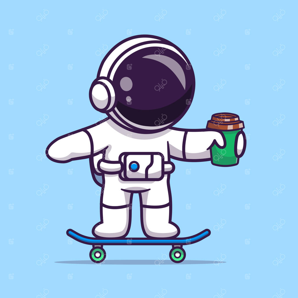 شخصیت بامزه فضانورد روی اسکیت‌برد با یک فنجان قهوه - کارتون وکتور علمی نوشیدنی
