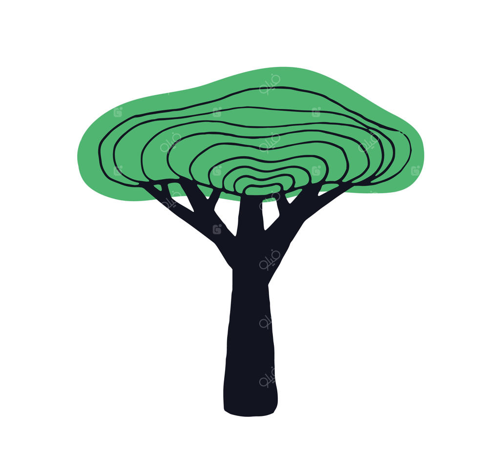 طرح ساده‌ای از درخت با تنه، تاج و برگ‌ها. نقاشی کودکانه و ساده از بائوباب. هنر گیاهی ابتدایی. تصویرسازی کودکانه به صورت برداری و تخت، جدا شده در پس‌زمینه سفید.