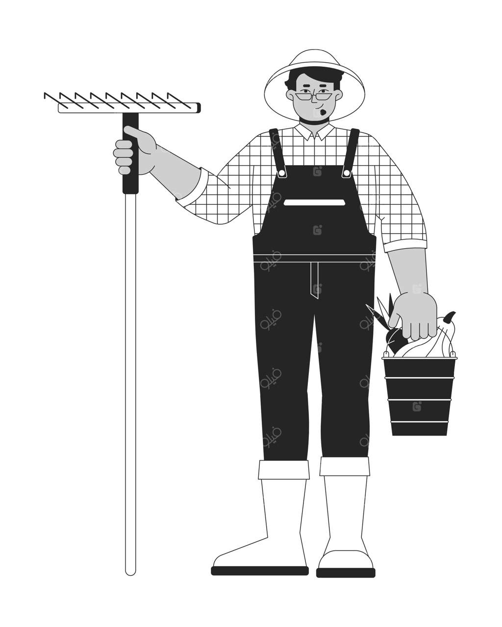 کشاورز عرب با چنگک و سبد سبزیجات - شخصیت خطی دو بعدی سیاه و سفید. کارگر دامداری روستایی. مرد کشاورز مثبت در حال برداشت - شخصیت منفرد. تصویر نقطه‌ای تک‌رنگ.