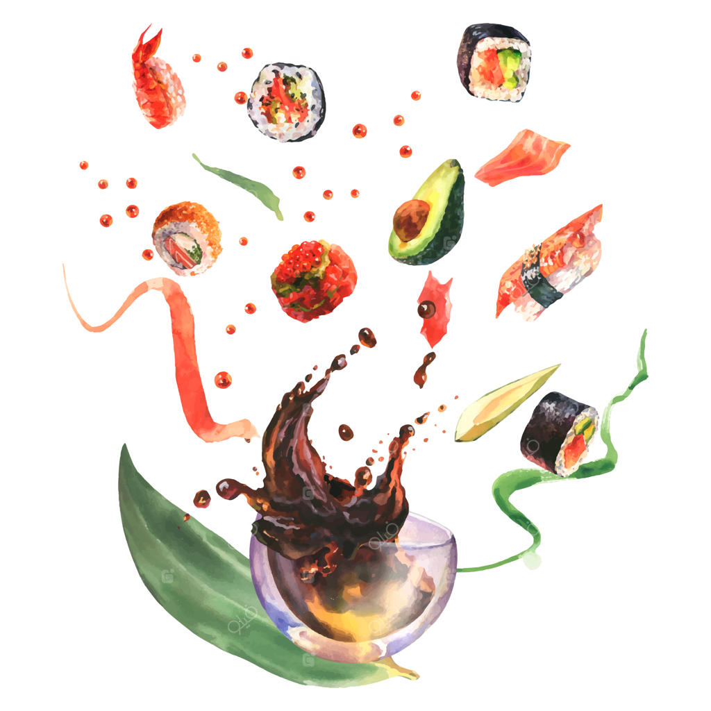 ترکیب آبرنگی سوشی و سس پاشیده شده با مواد اولیه سوشی در پس‌زمینه سفید.