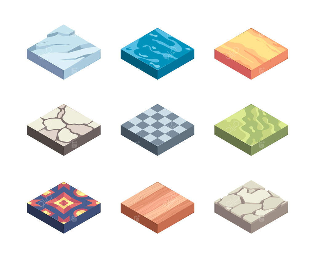 بافت‌های زمین قالب‌های بازی: سطوح روی پلتفرم‌ها، لایه‌های زمین شامل شن، چمن، سنگ، آب، یخ و نمونه‌های ایزومتریک سه‌بعدی جذاب وکتور