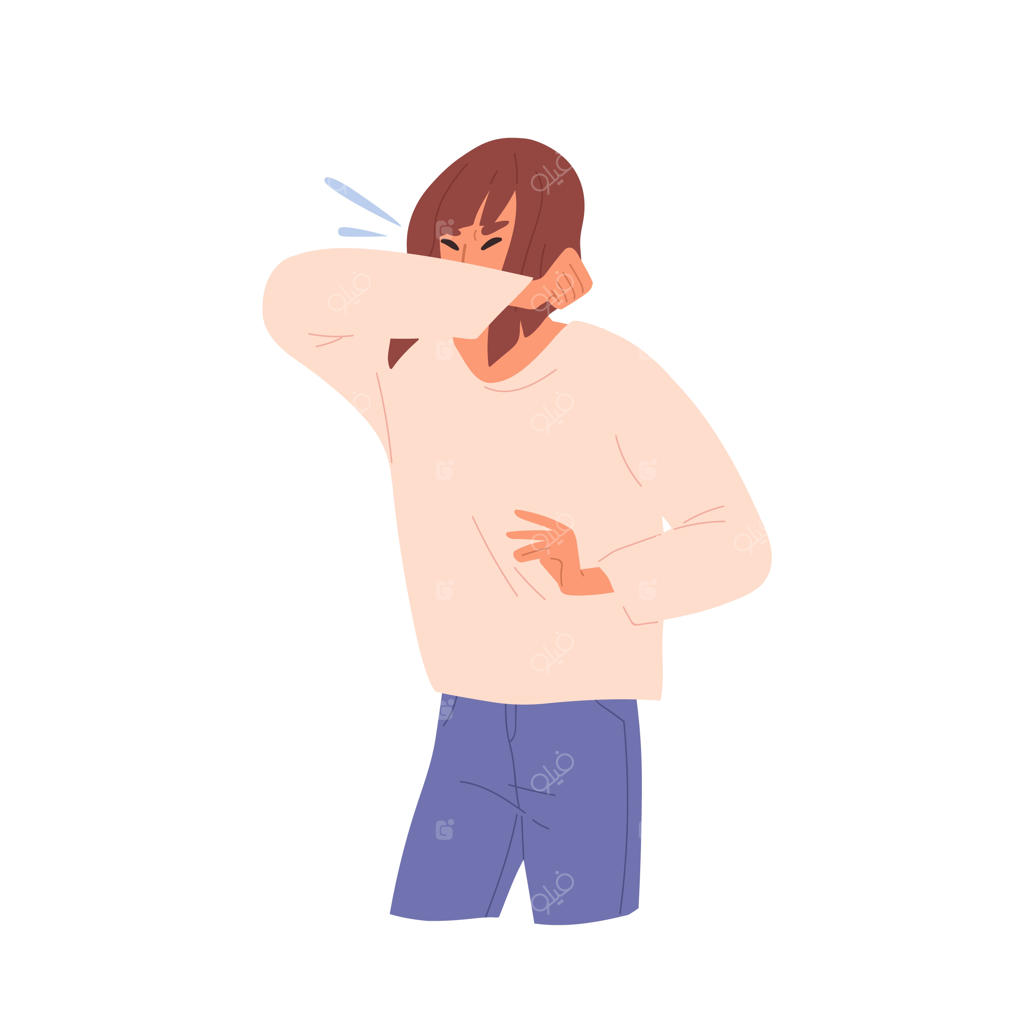 زن بیمار و ناسالم عطسه می‌کند. شخصیت زن به آلرژی، سرماخوردگی، ویروس کرونا، آنفلوآنزا و عفونت مبتلاست. بیماری ویروسی تنفسی، بیماری فصلی. تصویر برداری کارتونی ساده روی پس‌زمینه سفید.