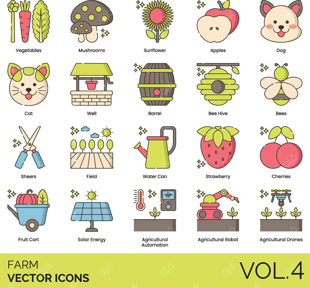 مجموعه آیکون‌های مزرعه، جلد ۴: مزرعه، باغ، خانه روستایی، حیوانات مزرعه، کشاورزی