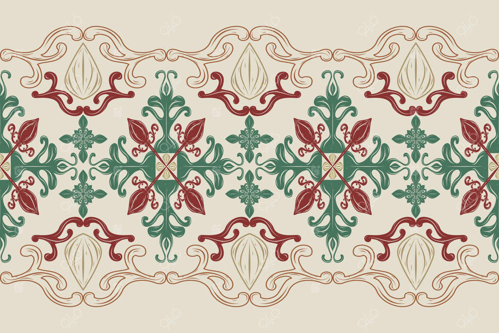 تزئینات لوکس گل‌ و گیاه با طراحی دستی نواری. سبک باغ بوتانیک کلاسیک و بی‌زمان با رنگ‌های زرشکی، سبز و قهوه‌ای بر زمینه بژ برای نقوش مرزی در دکوراسیون داخلی باروک.