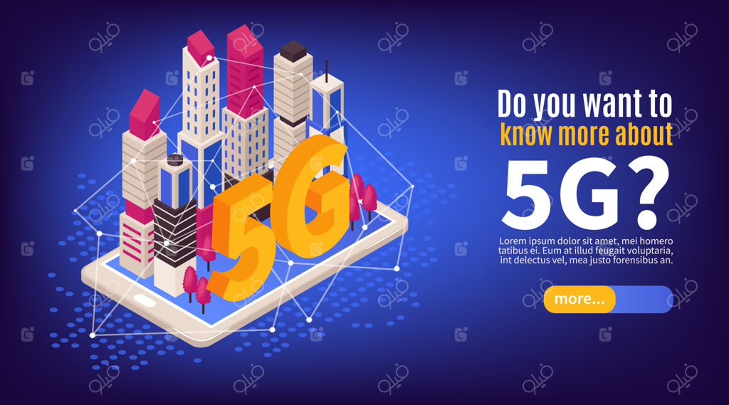 بنر افقی ایزومتریک اینترنت 5G با دکمه اسلایدر، متن و ساختمان‌های بلند روی گوشی هوشمند