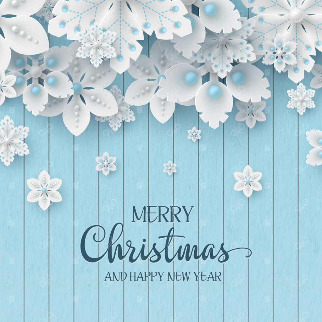طراحی تعطیلات کریسمس: دانه‌های برف سه‌بعدی تزئینی با سایه و مروارید روی پس‌زمینه‌ای از چوب همراه با متن تبریک. تصویر برداری.