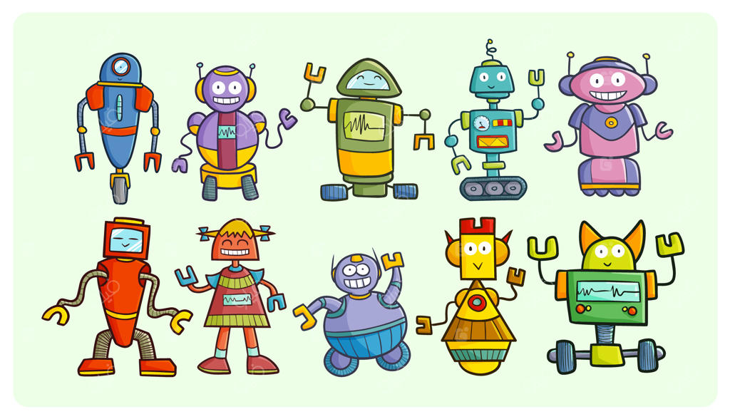 مجموعه‌ای از ربات‌های شاد و بامزه به سبک طراحی ساده