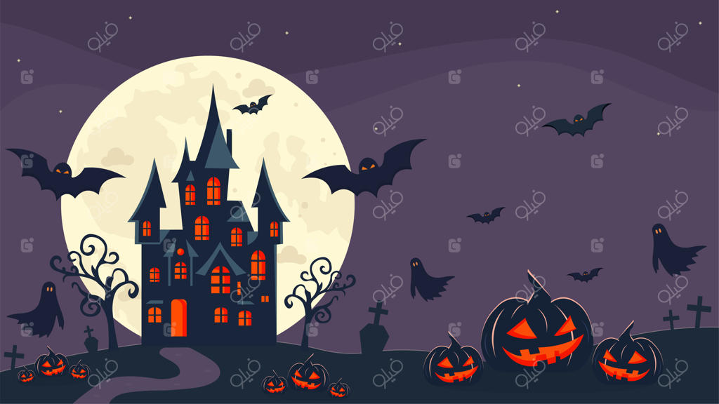 والپیپر هالووین با طرح قلعه و ماه و تم بنفش