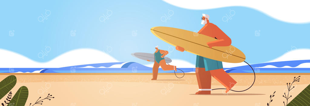 زوج کهنسال با تخته‌های موج‌سواری: تابستانی فعال برای سالمندان