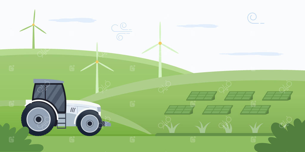 تراکتور، توربین‌های بادی و پنل‌های خورشیدی در یک دشت سبز: ایده‌آل برای مفاهیم انرژی‌های تجدیدپذیر یا موضوعات کشاورزی و فناوری.