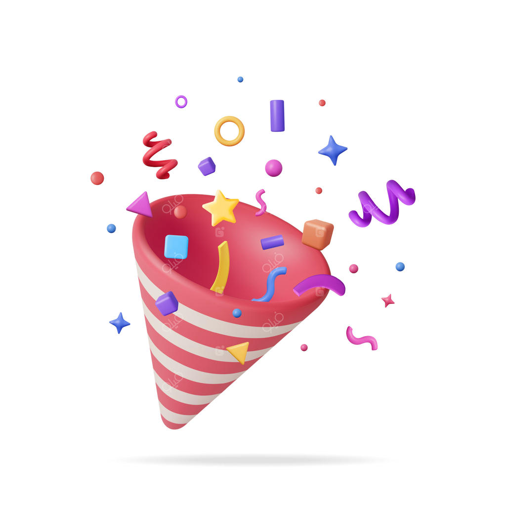 وکتور بمب شادی سه بعدی با کاغذهای رنگی در پس‌زمینه سفید؛ مجموعه ذرات خمیری و رنگارنگ جشن در اشکال متنوع برای تولد، سورپرایز و تعطیلات