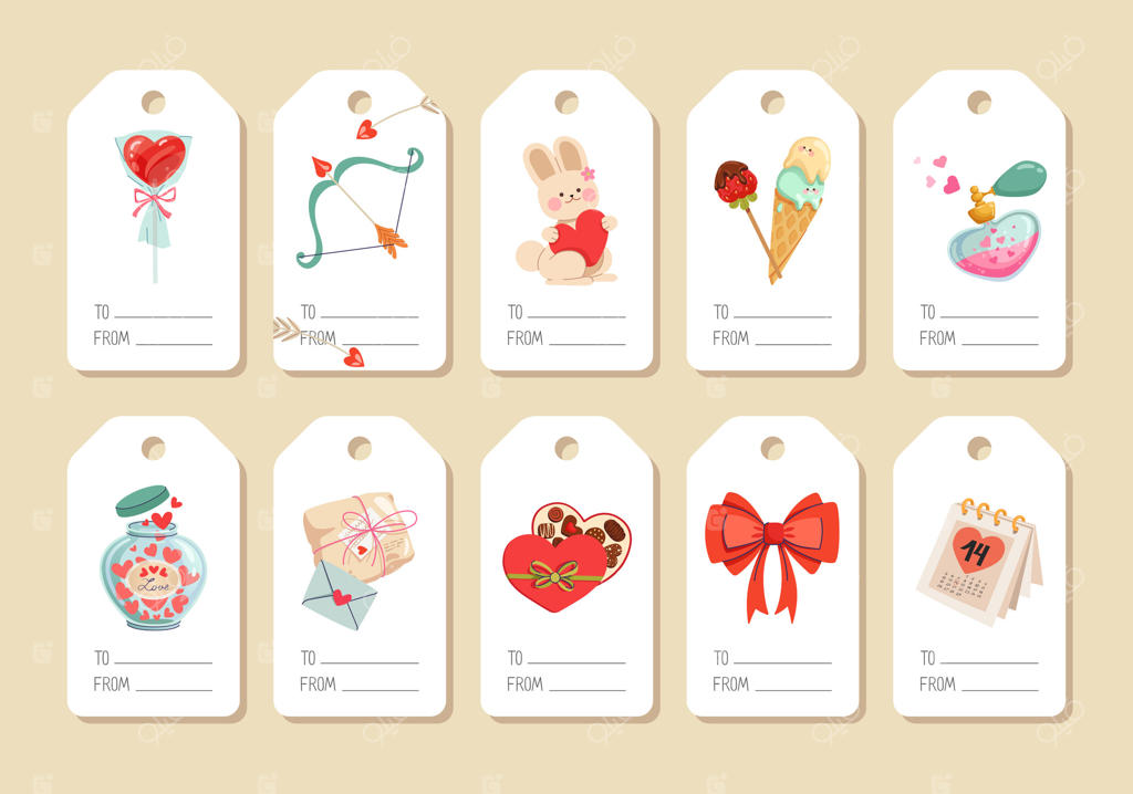مجموعه‌ای از برچسب‌های هدیه روز ولنتاین با عناصر رمانتیک و بامزه مثل شکلات، قلب، خرگوش، فلش و هدایا. مناسب برای بسته‌بندی هدایا، کارت‌های سفارشی و تزئینات بسته‌بندی هدیه. تصویرگری کارتونی و تخت.