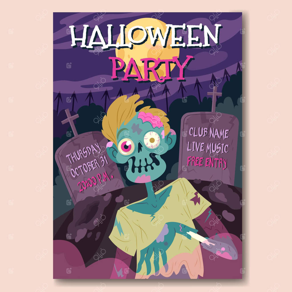 پوستر دست‌کشیده جشن هالووین با زامبی