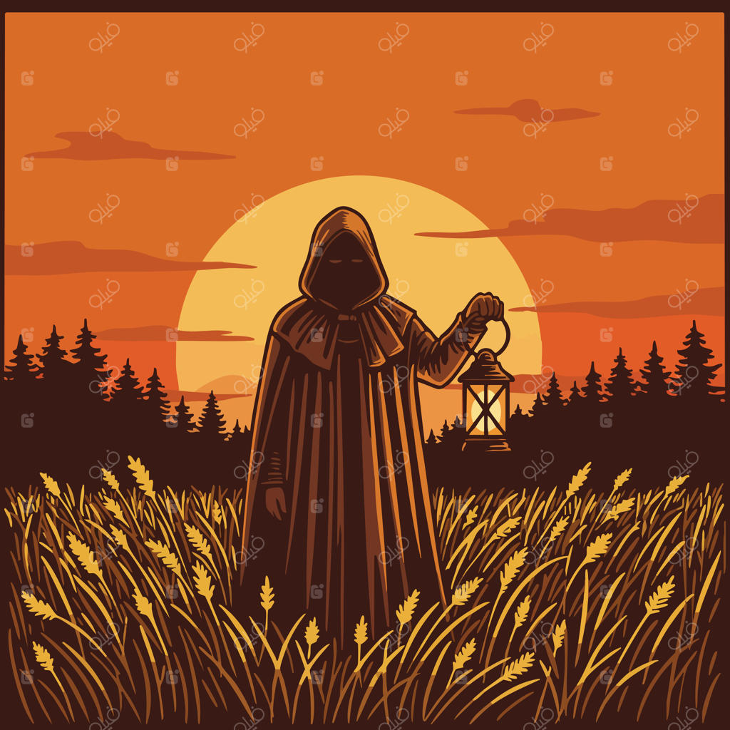 تصویر یک فرد ناشناس با فانوس در دست، ایستاده در مزرعه گندم زیر آسمان نارنجی و غروب بزرگ