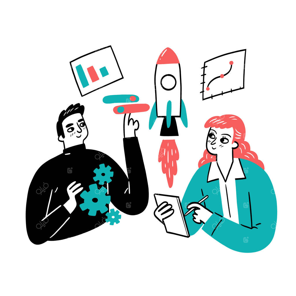 دو نفر در حال برنامه‌ریزی پروژه با نمودار و تصویر موشک به عنوان نماد پیشرفت