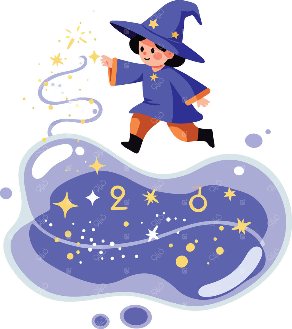 تصویرسازی جادوگر جوان در حال اجرای جادو با ستاره‌ها و سیاره‌های شناور در فضای بنفش