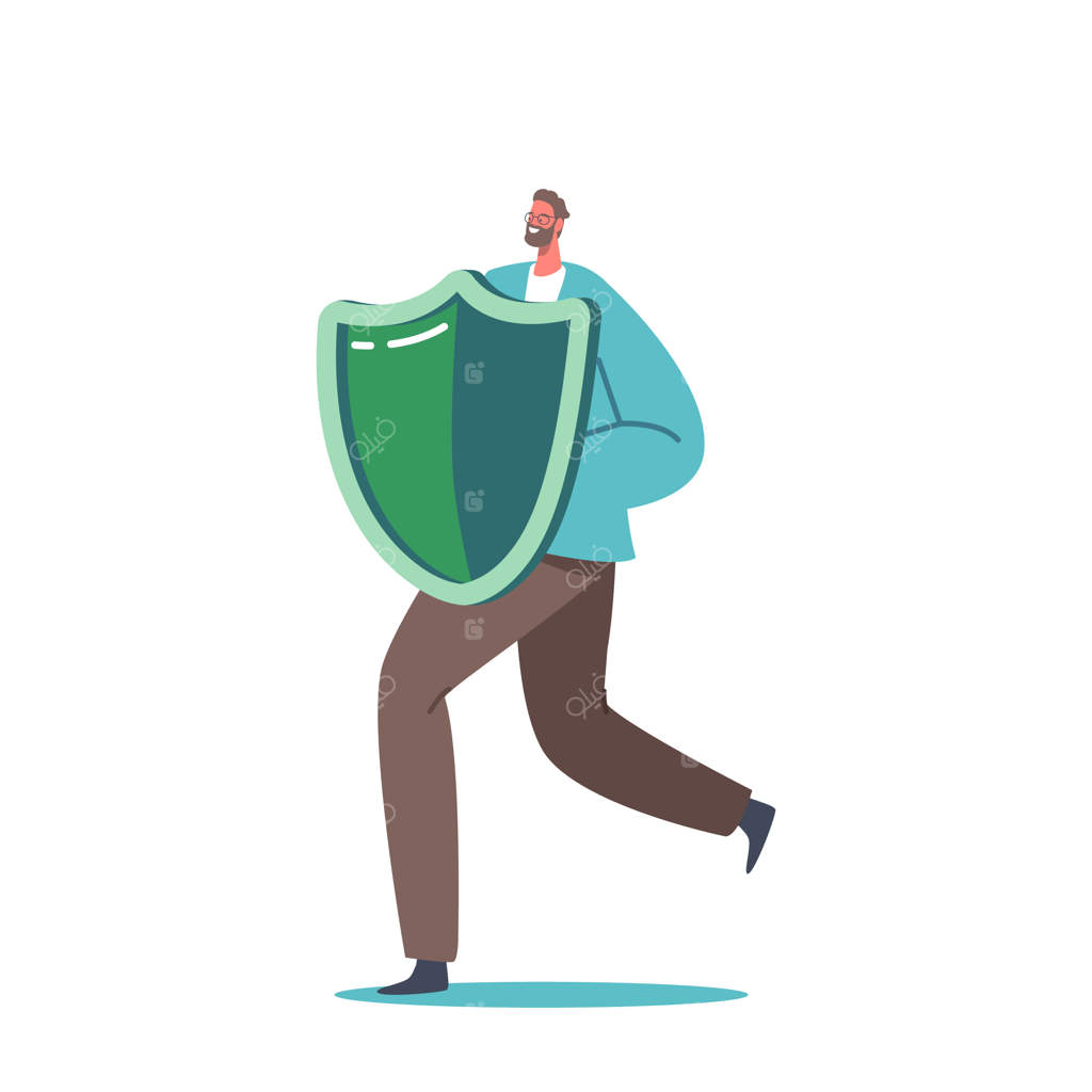 مردی با سپر محافظت در برابر حمله ویروسی یا سایبری: مفهوم حفاظت از داده‌ها، سلامت، زندگی یا بیمه کسب‌وکار