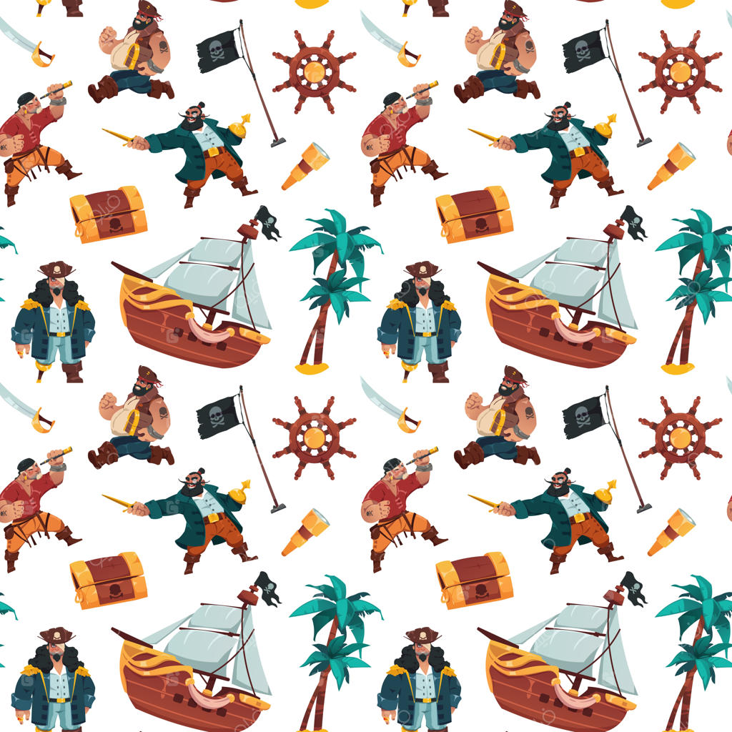 طرح کارتونی دزدان دریایی: چاپ بدون وقفه از ملوانان و راهزنان با لباس‌های دزدان دریایی، صندوق گنج و دوربین تک‌چشمی - بافت وکتور شخصیت‌های کودکانه.