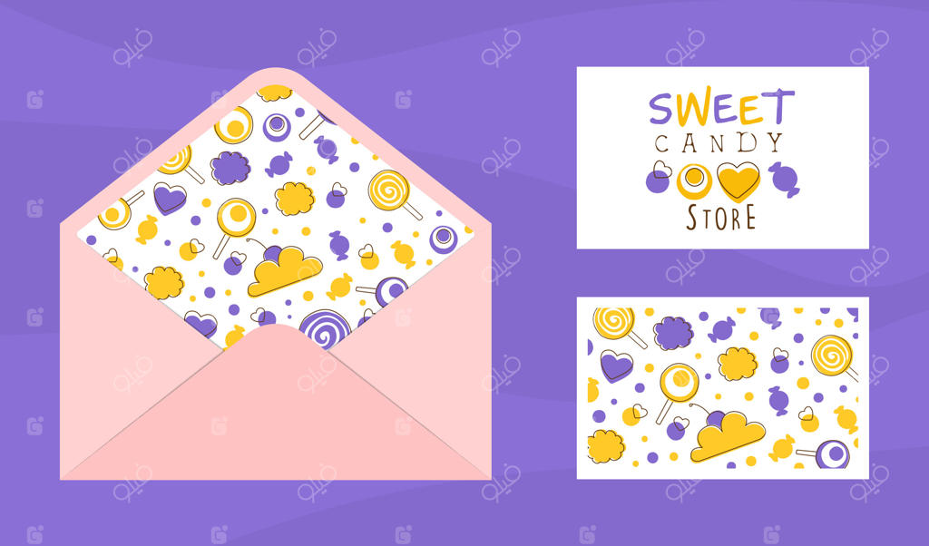 مجموعه قالب کارت و پاکت فروشگاه شیرینی، کارت ویزیت فروشگاه آب‌نبات و کافه با طرح بدون درز شیرینی‌ها و دسرها