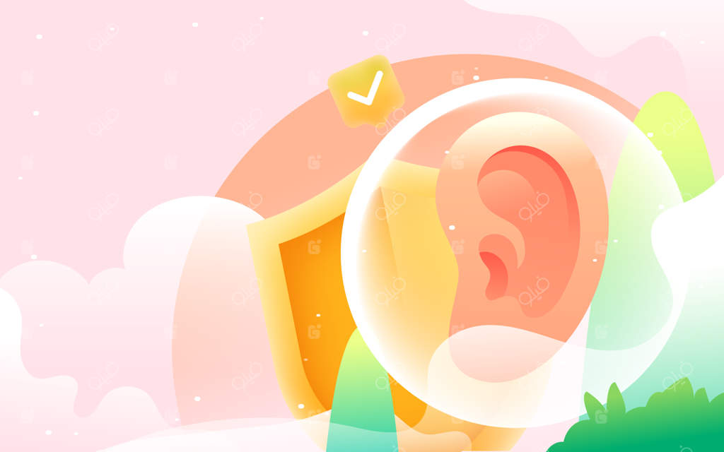 روز ملی مراقبت از گوش، معاینه گوش بیمار توسط دکتر با شیلد و دارو در پس‌زمینه، تصویر وکتور