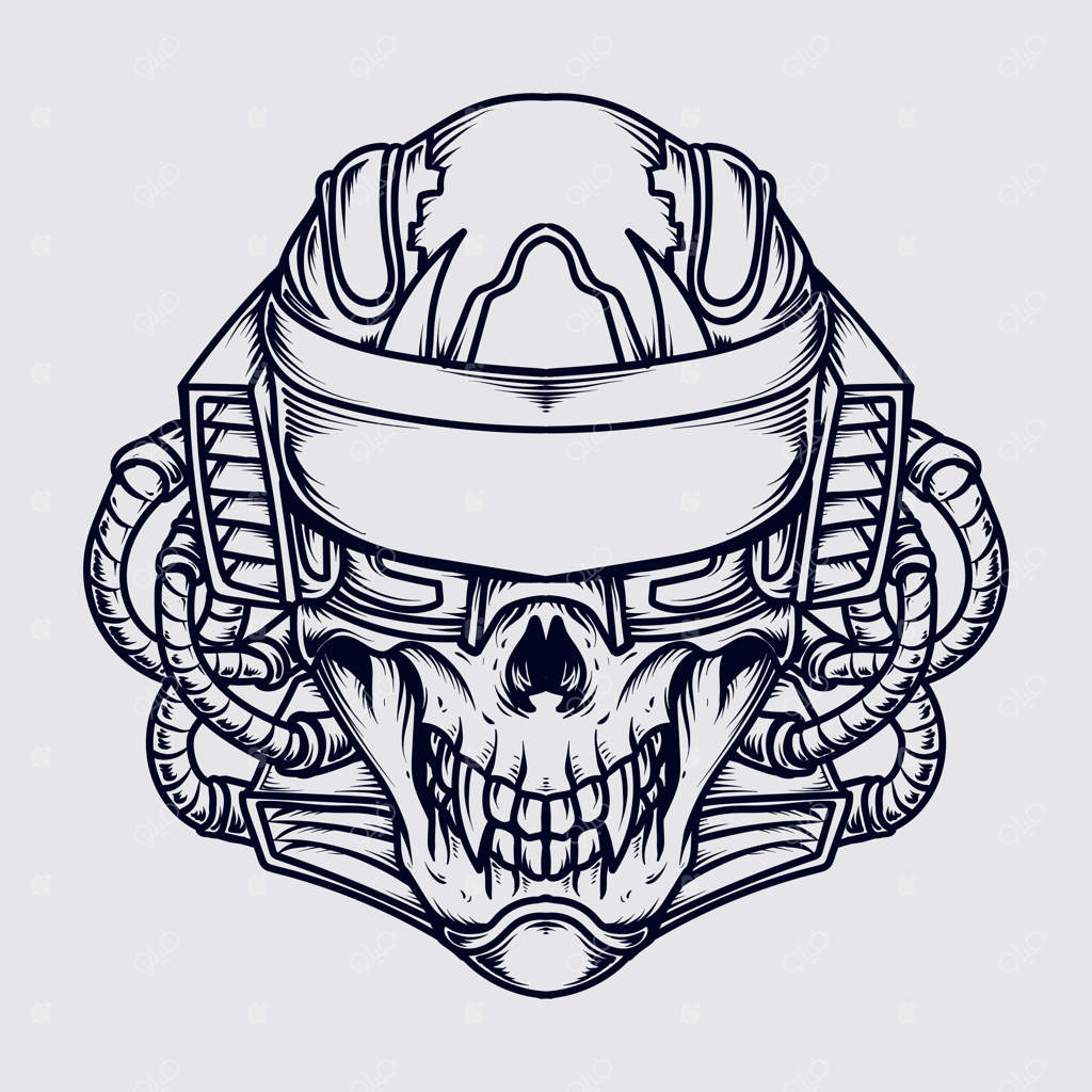 تصویر سیاه و سفید دست‌کشیده جمجمه رباتیک