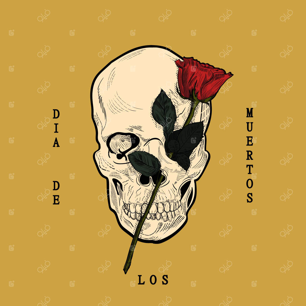دیا د لوس مورتوس، نقاشی جمجمه و گل سرخ به سبک حکاکی