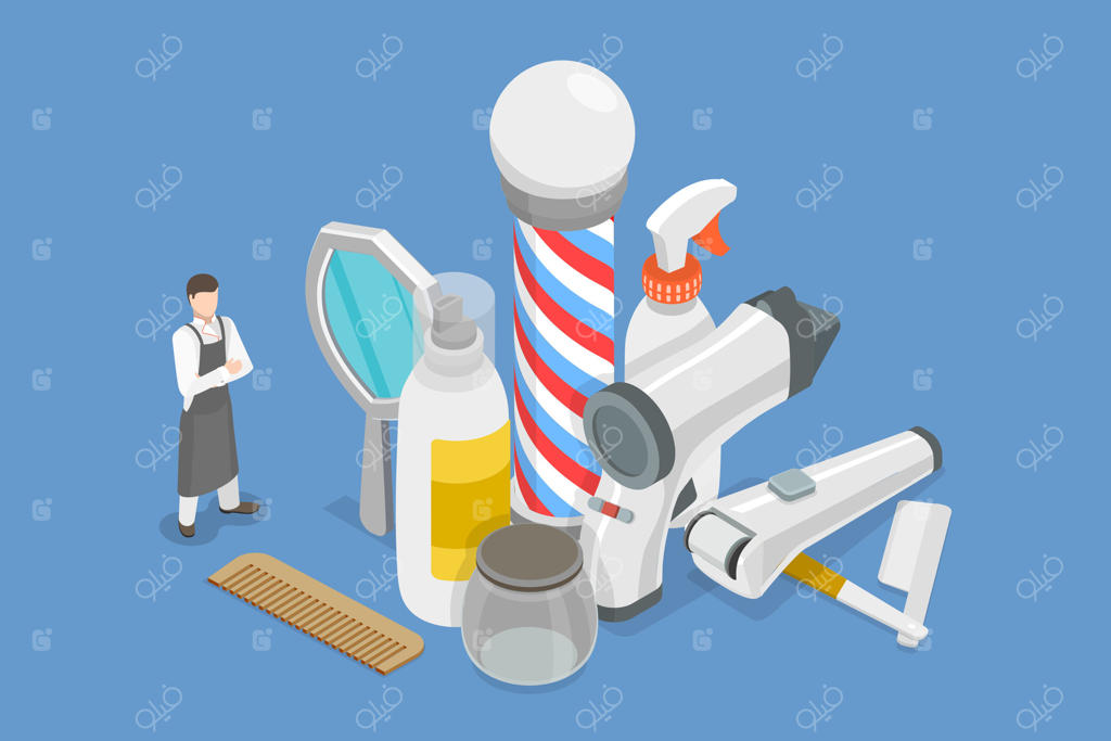 مجموعه ایزومتریک سه‌بعدی ابزار آرایشگری، اصلاح ریش یا سبیل و کوتاهی مو