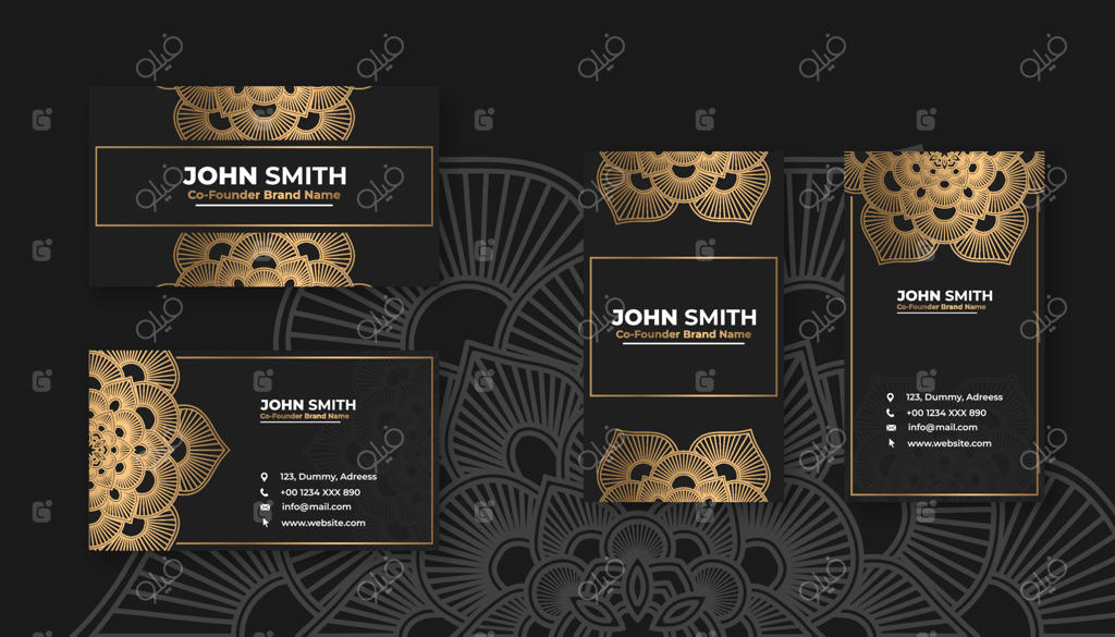کارت ویزیت لوکس مشکی با طراحی ماندالای طلایی و عناصر تزیینی گل‌دار روشن