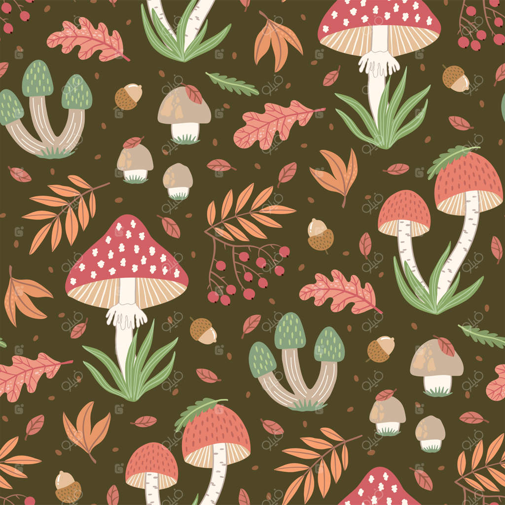 طرح یکپارچه با قارچ‌های جنگلی و برگ‌ها