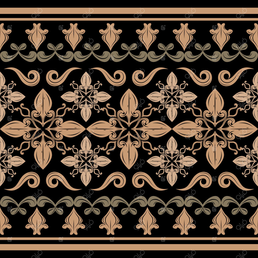 طرح سلطنتی گل‌های جذاب با حاشیه‌های طلا بر روی زمینه سیاه. نقش‌مایه‌های لوکس و ظریف از باغ شکوفا با پترن باروک شطرنجی برای هنر کلاسیک و مرز ابریشمی باتیک شیک.