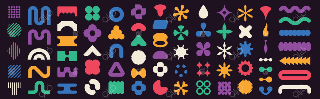 اشکال انتزاعی خشن: مینیمالیسم هندسی با دایره، مارپیچ و قوس در طراحی مدرن و رنگارنگ. مجموعه‌ای برای طراحی مینیمال.