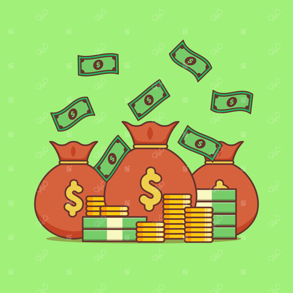 تصویرسازی وکتور کارتونی کیسه پول با دلار و سکه، طرح مفهومی مالی