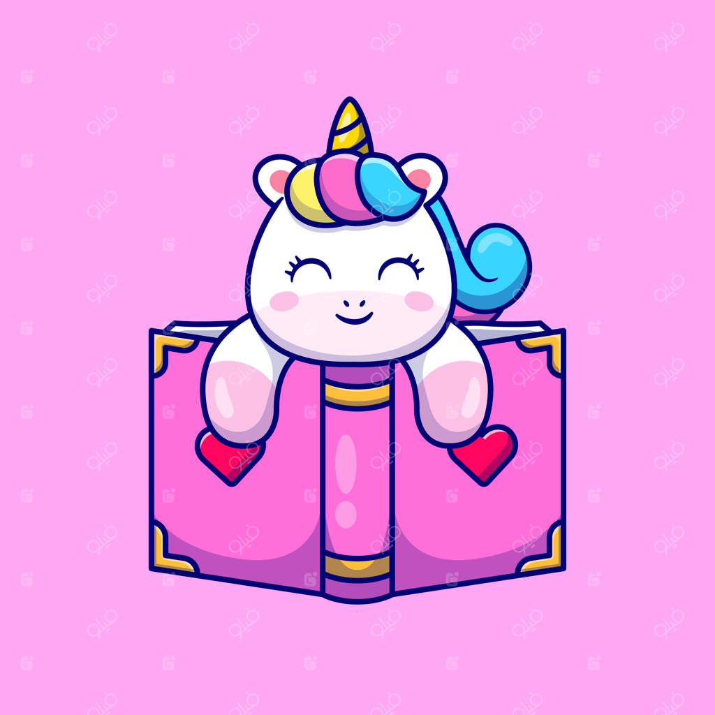 تصویر کارتونی آیکون وکتور تک‌شاخ بامزه با کتاب. مفهوم آموزش حیوانات. وکتور ویژه. سبک کارتونی مسطح.