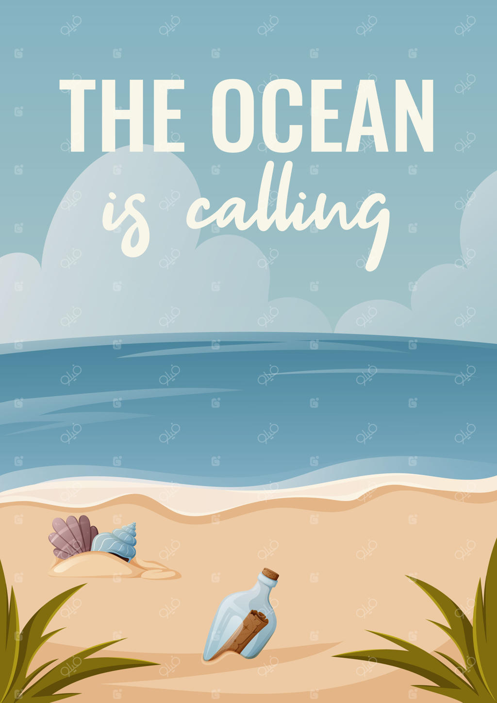 بطری شیشه‌ای با نقشه قدیمی و صدف‌ها روی شن‌های ساحل - تصویر وکتور به همراه متن