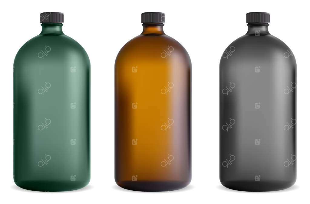 بطری شیشه‌ای مشکی. ظرف شربت دارویی. محفظه ویتامین داروسازی. قالب قهوه‌ای مواد شیمیایی با طراحی قدیمی و درپوش پیچی. بطری شفاف شامپو آرایشی و آبمیوه اسپا.