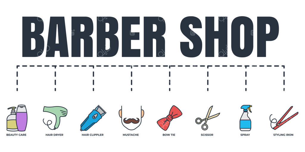 ست آیکون وب برای بنر آرایشگاه: اسپری، سبیل، قیچی، سشوار، ماشین اصلاح، پاپیون، مراقبت زیبایی، اتوی مو - مفهوم تصویرسازی وکتور.