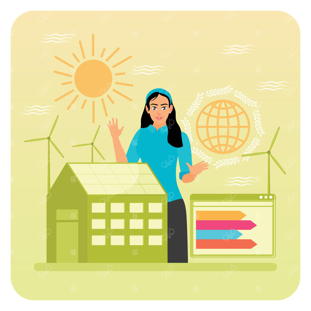 زن مشوق انرژی های تجدیدپذیر با خانه‌ای غیرفعال مجهز به پنل‌های خورشیدی و توربین‌های بادی.